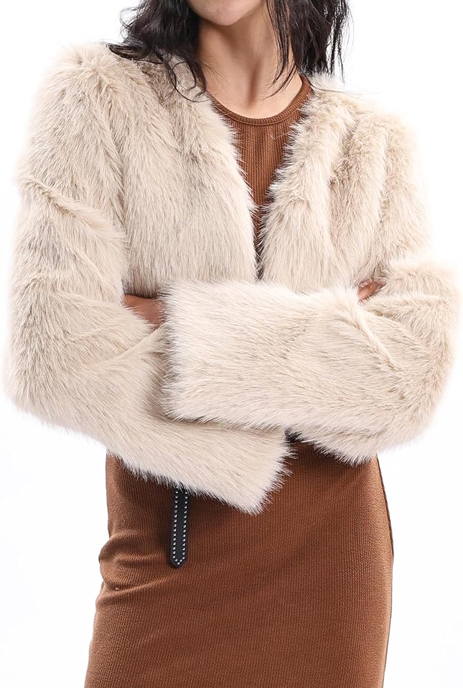 Xintianji Womens Faux Fur Cropped Jacket - Open Front Long Sleeve