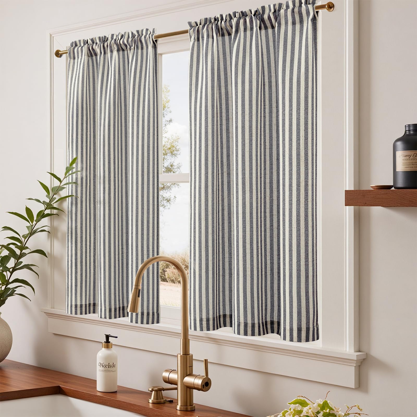 Amazon.com: jinchan Striped Linen Kitchen Curtains 45 Inches Tier