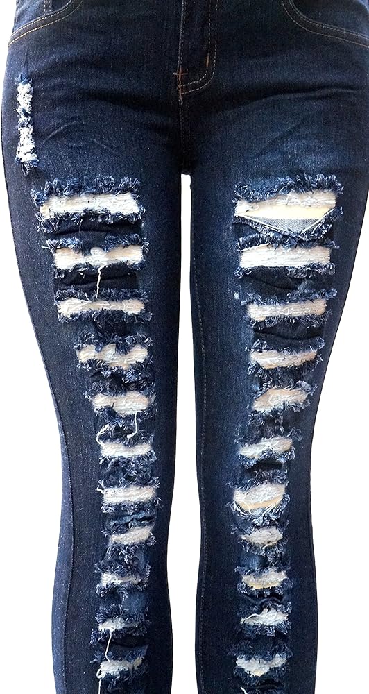 Ladies Dark Blue Denim Jeans Distressed Stretch Ripped Destroy