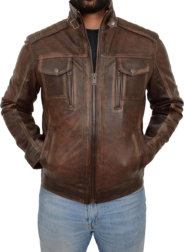 A1 FASHION GOODS Mens Real Leather Jacket Vintage Brown Rub Off