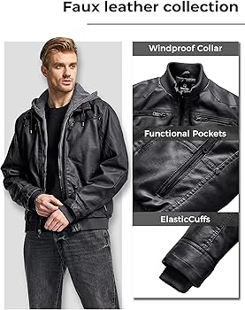 wantdo Men's PU Leather Jacket Lightweight Hooded Biker Coat Black