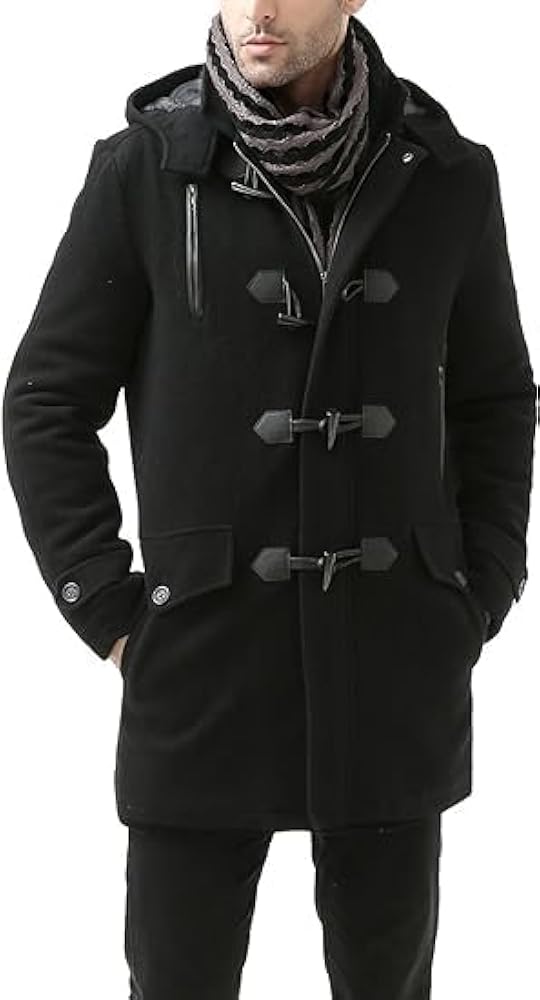 Wool Blend Leather Hodded Toggle Coat - Men Benjamin Wool Blend