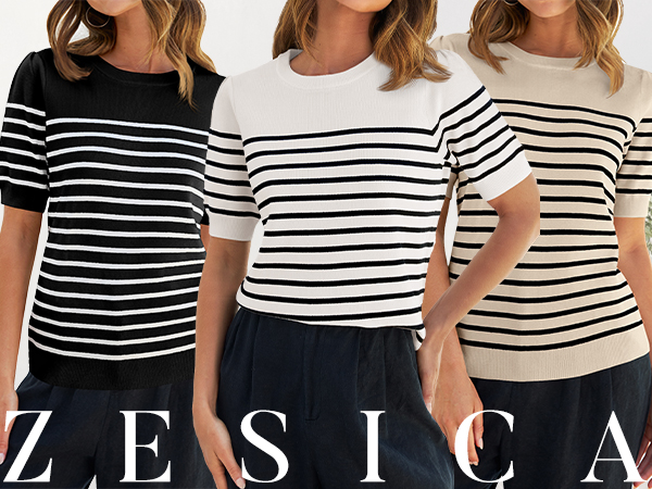 ZESICA Women's Casual Striped Tops Short Sleeve Crew Neck Ribbed
