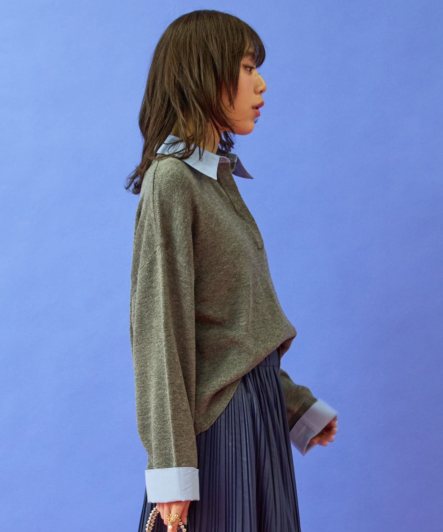 FONT LAB】フェイクシャツレイヤードクロップドニット｜ファッション