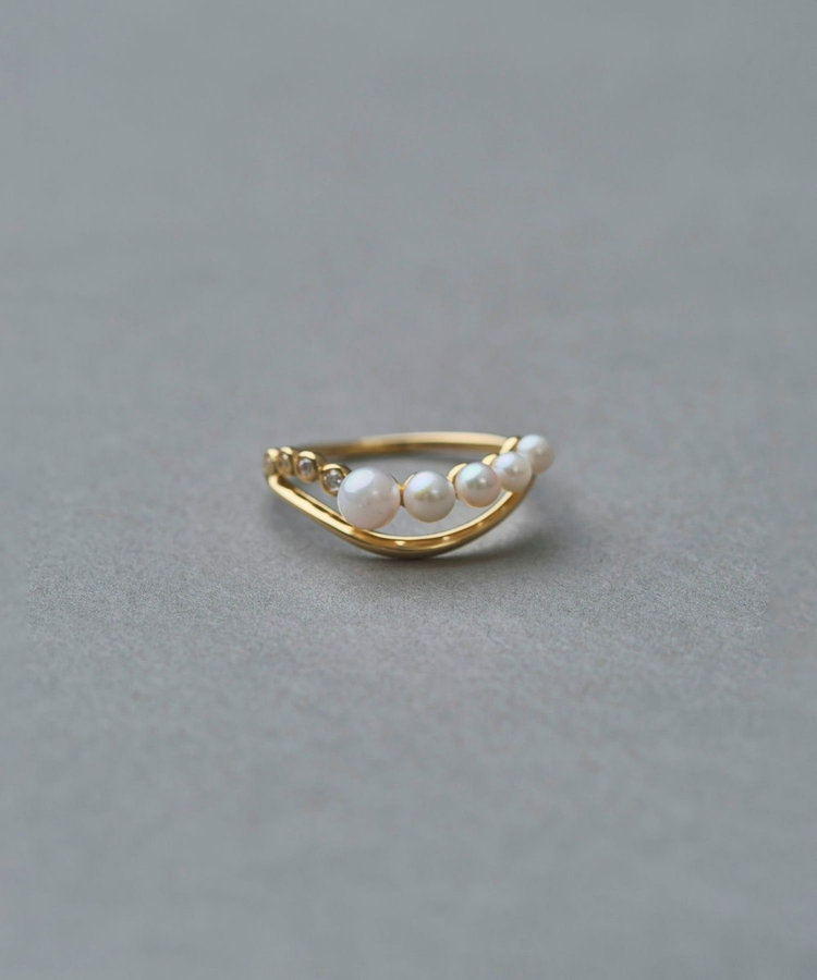 K18YG スケール パール/ダイヤモンド ダブルライン リング（202003