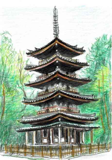 水彩画風スケッチ・国宝・京都補陀落山海住山寺・五重塔: 円空仏などの