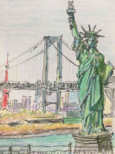 水彩画風スケッチ・東京お台場の「自由の女神像」はどうしてあるの