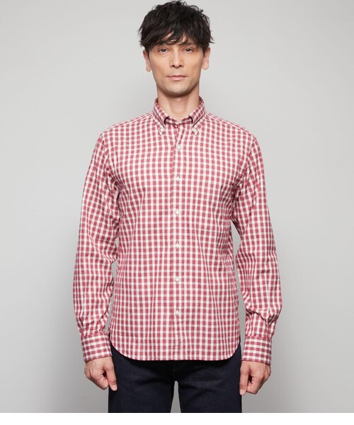 ピケ ギンガムチェック 長袖ショートボタンダウンシャツ