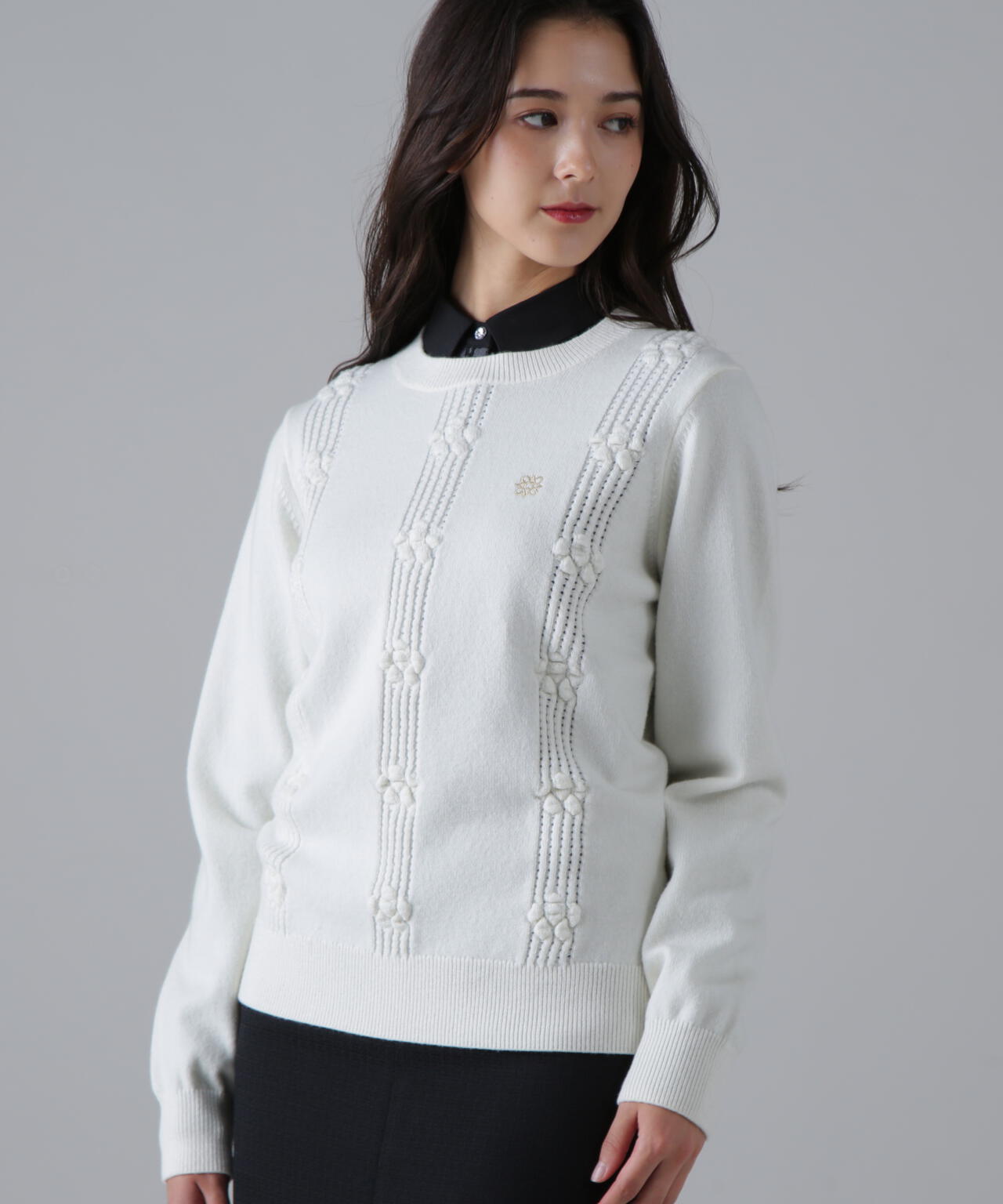 9Gアイレットリブ花柄クルーネックニットプルオーバー (WOMENS) | St