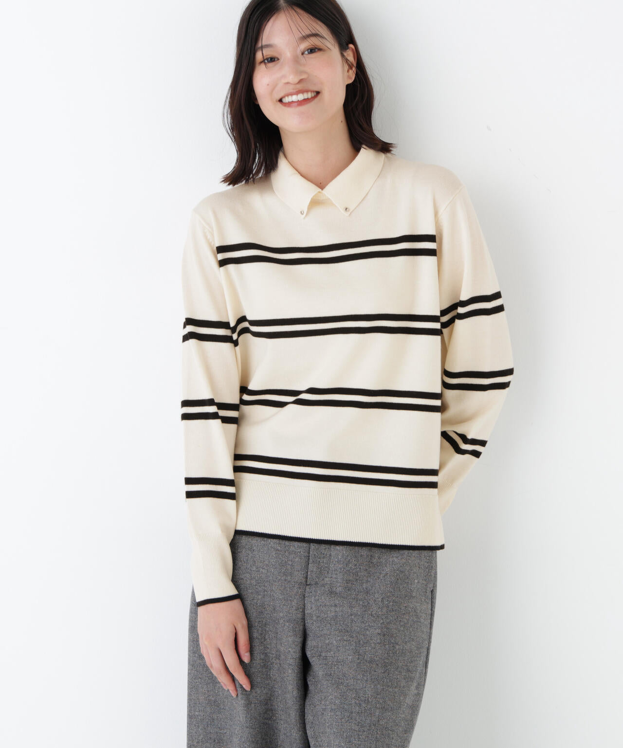 ≪洗える≫ハイゲージプレーティング天竺衿付きニット | human woman