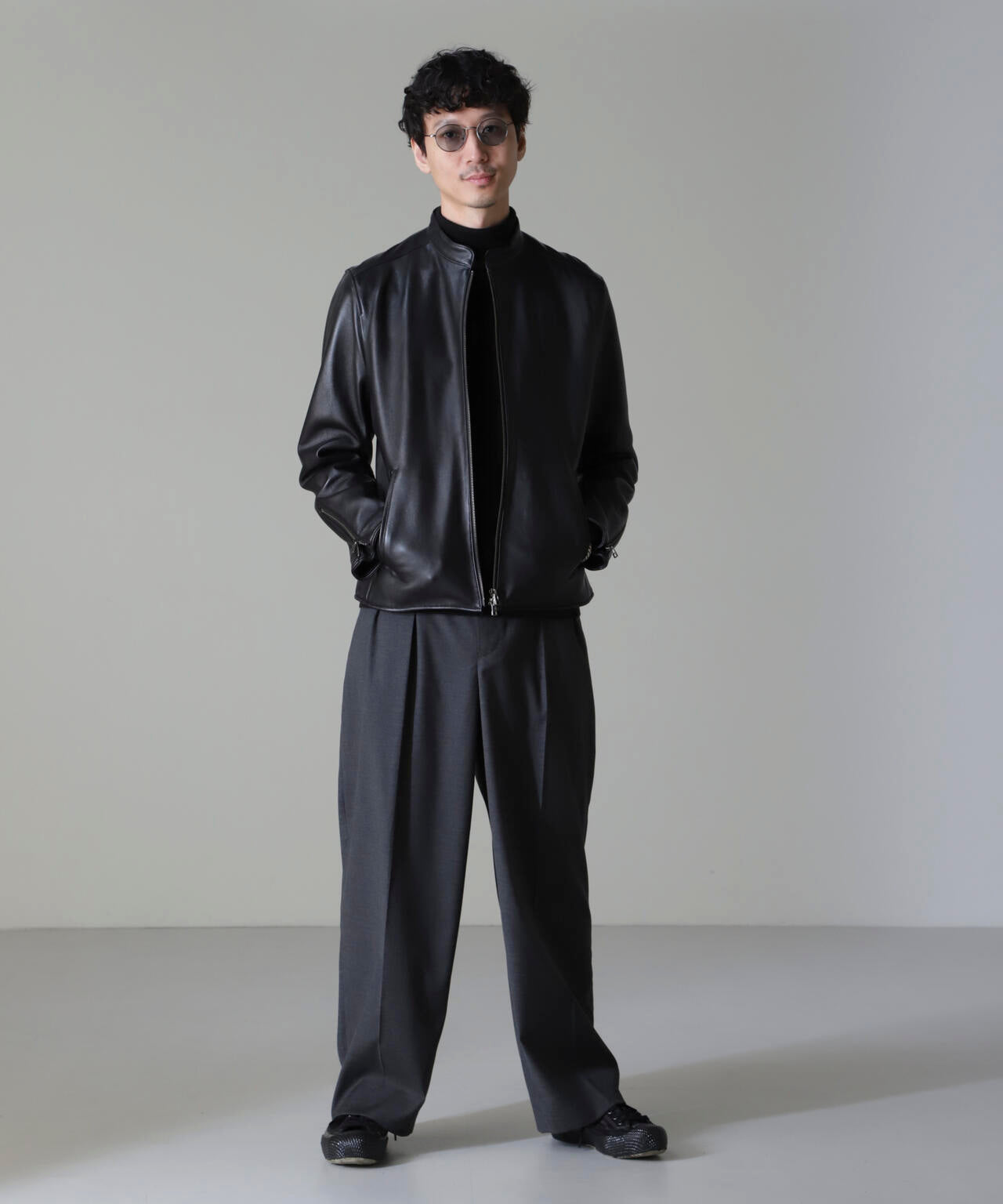 バンドカラーレザーシングルライダースジャケット | NANO universe