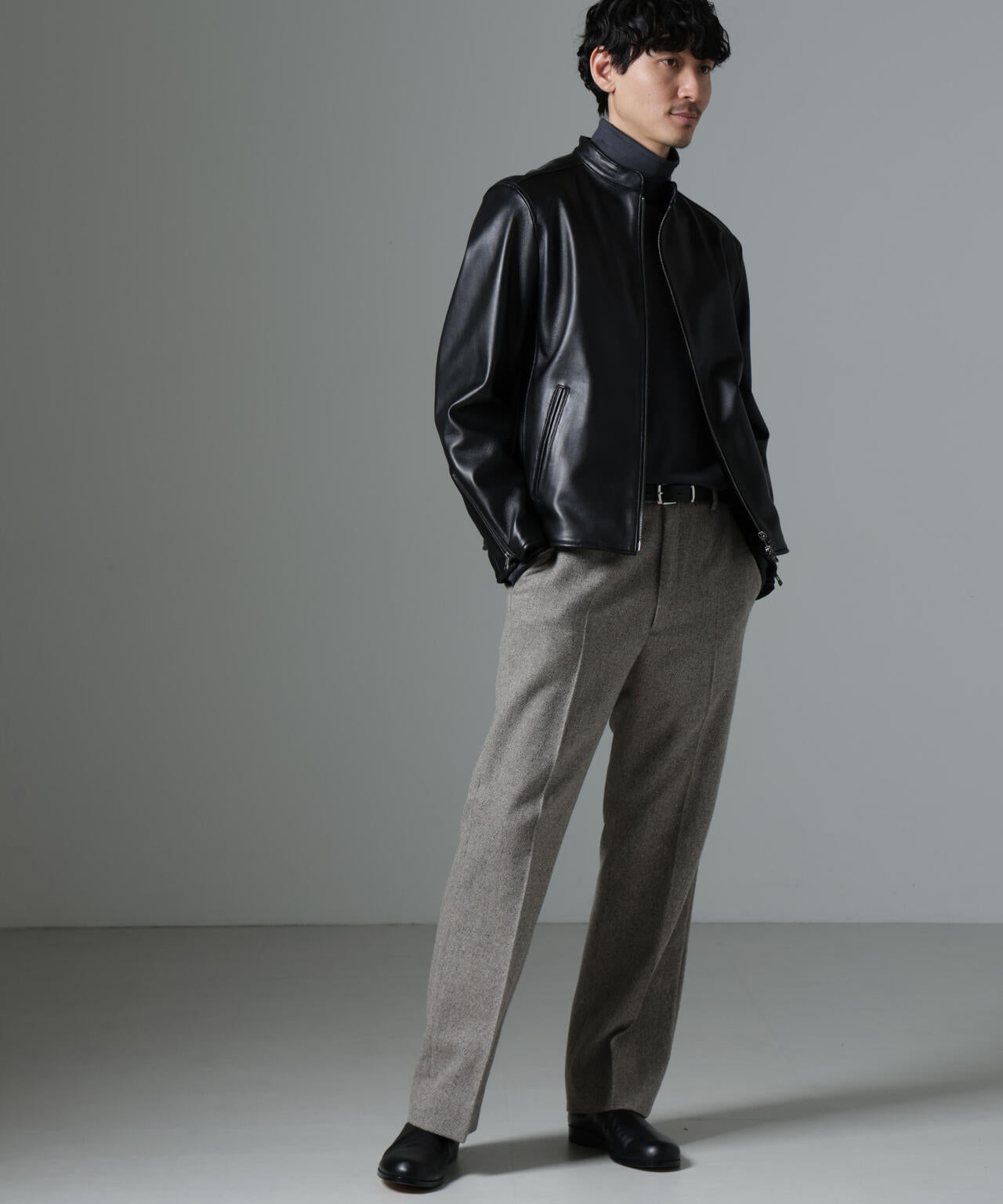 バンドカラーレザーシングルライダースジャケット | NANO universe