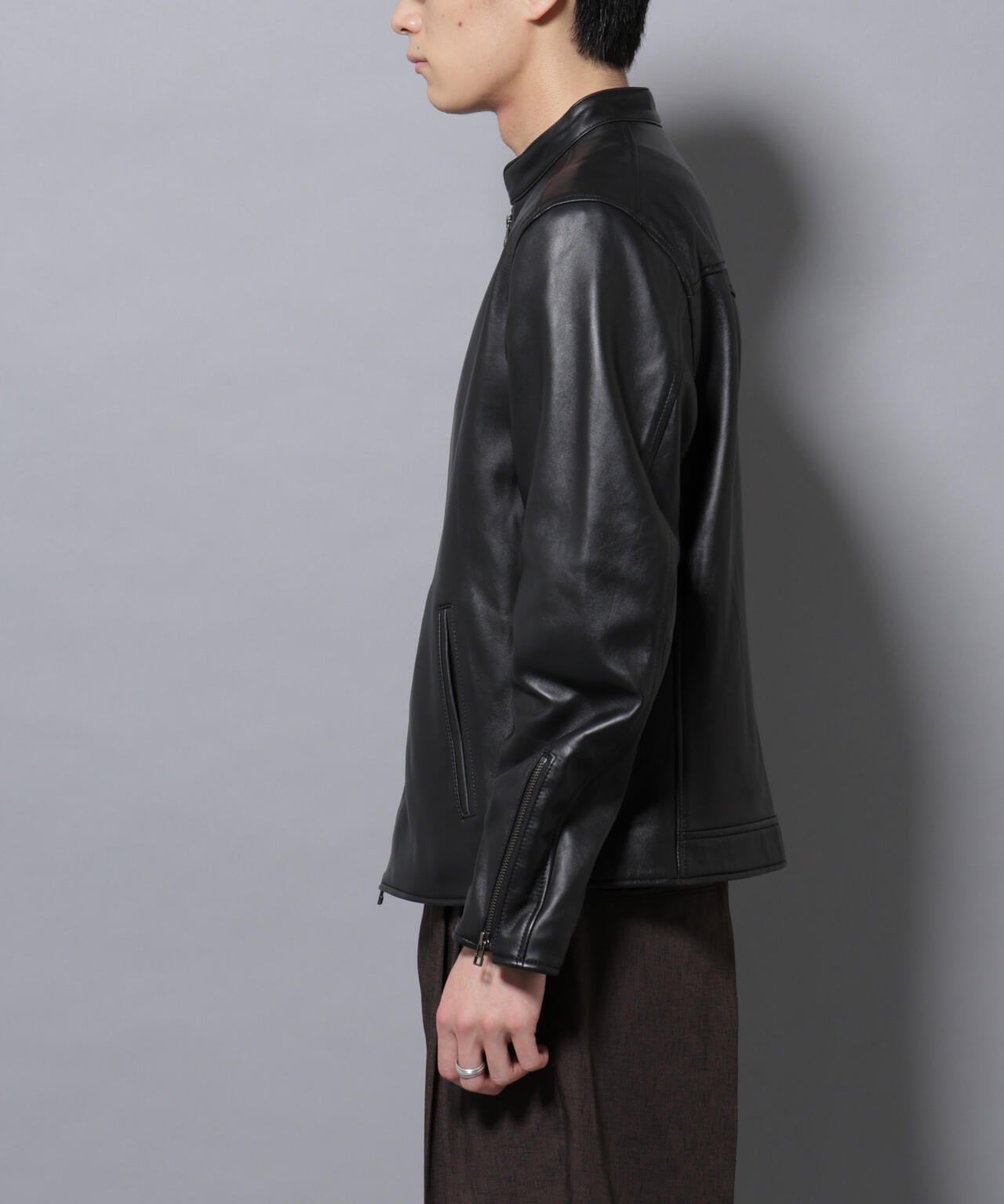 バンドカラーレザーシングルライダースジャケット | NANO universe