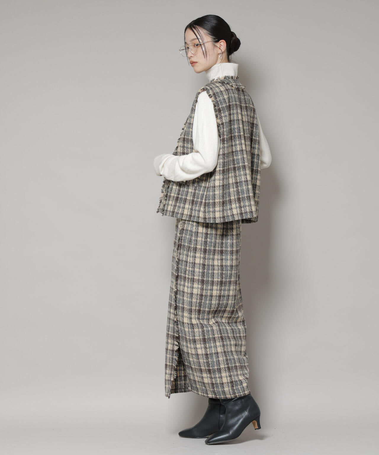 チェックフリンジラップ風スカート(セットアップ可) | NANO universe