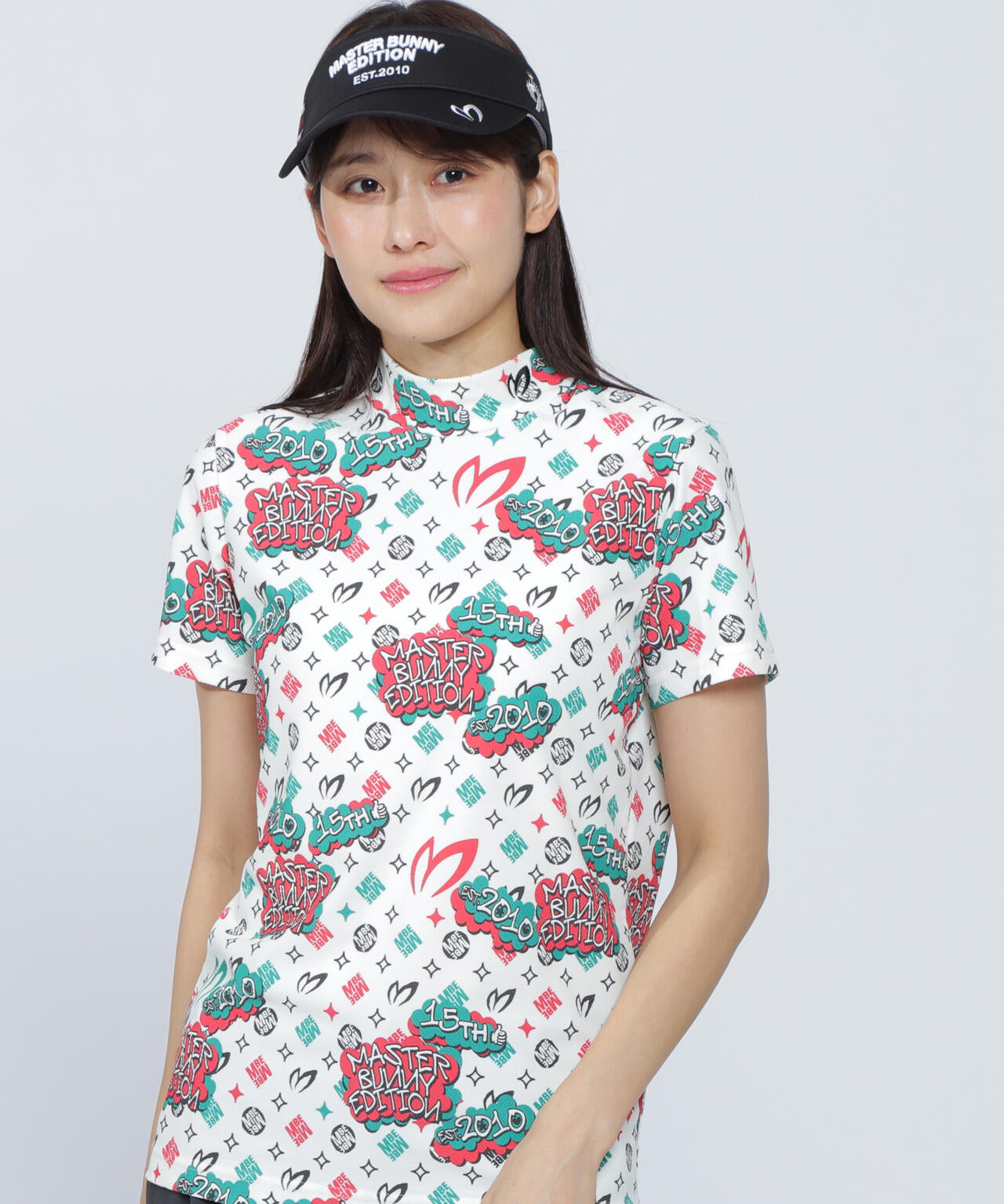 ナイロンハニカムトリコットふきだしプリント半袖ハイネックカットソー