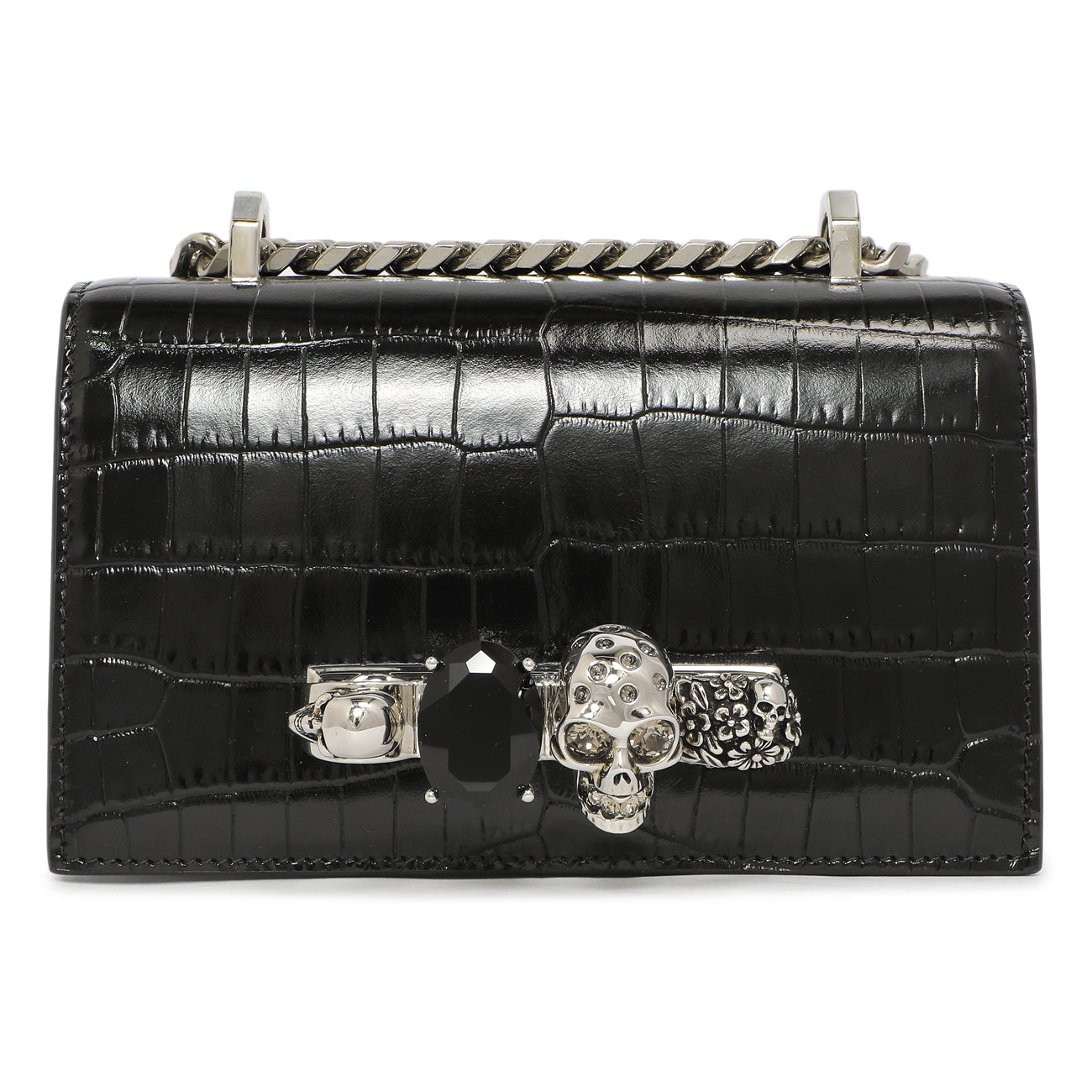Alexander McQueen Black Shiny Crocodile Embossed Calfskin Knuckle