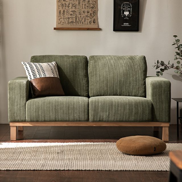 幅157cm] 2人掛けコーデュロイソファ 無垢材木脚 広々アームレスト