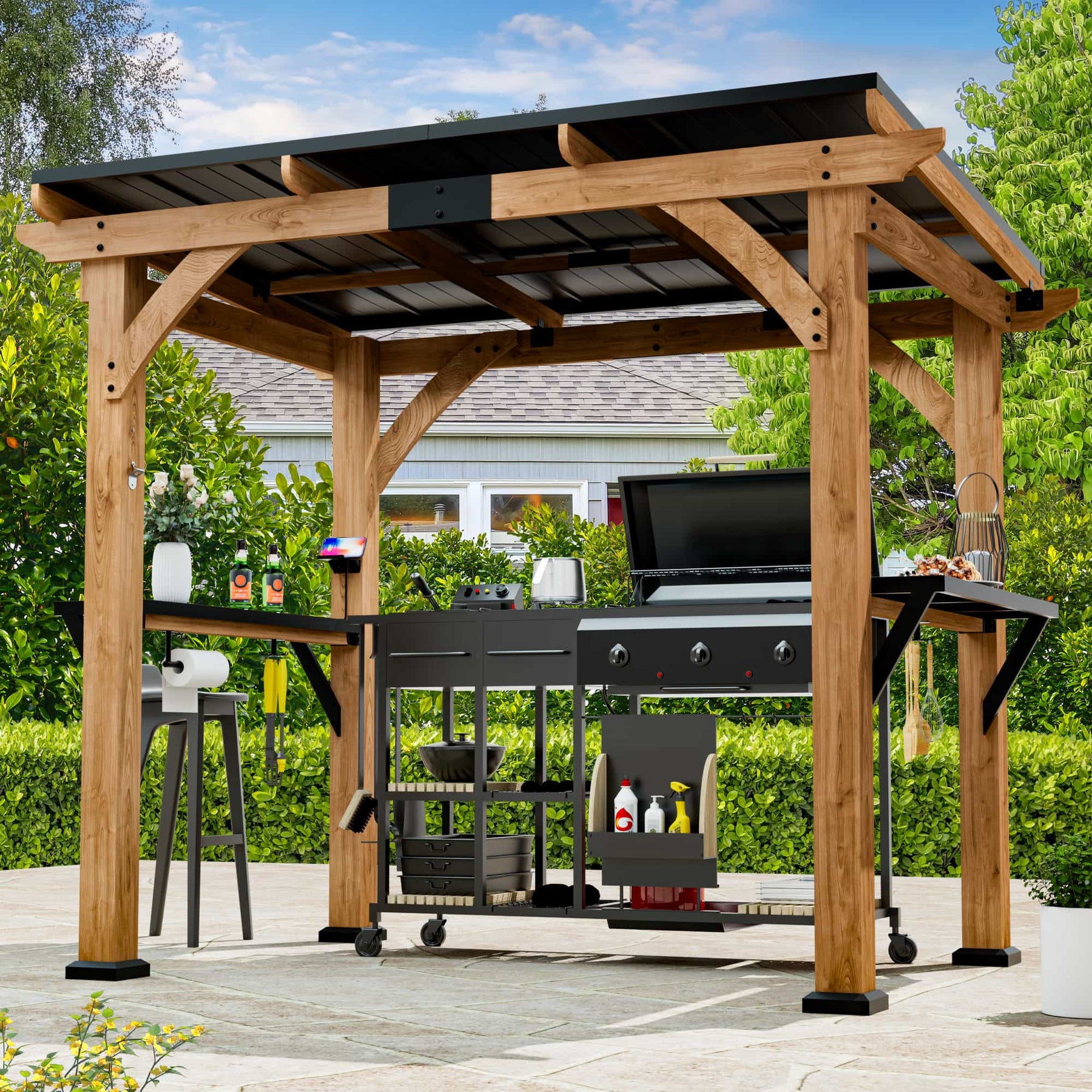 6x8 Fusion Cedar Hardtop Gazebo with Electrical Outlets – Modern Shade