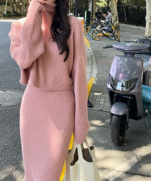 Jasmine】タートルネックトップス＋ニットワンピースセットアップ