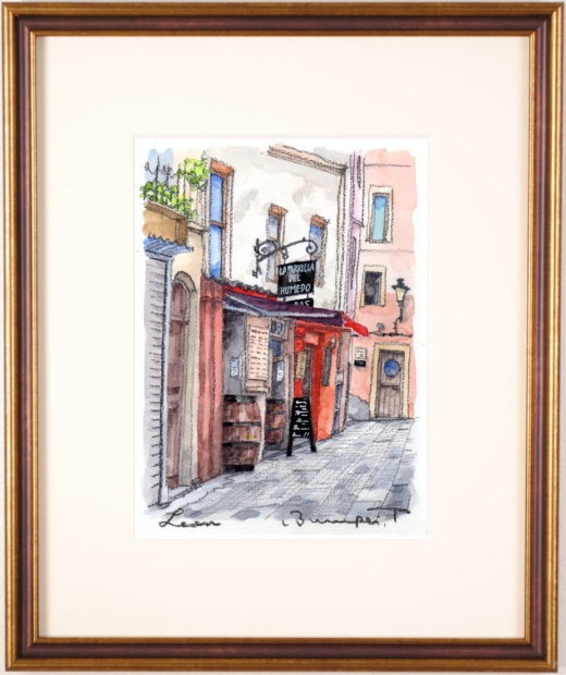 絵画の水彩画で高橋文平が描いたスペインの絵「レオンのバール」をご購入