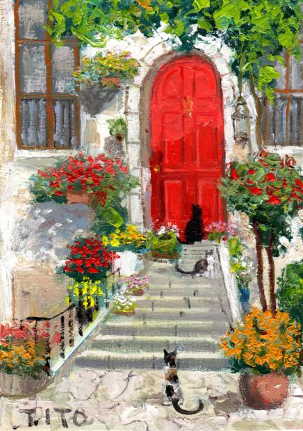 猫の絵画を油絵で描いた伊東拓実の猫の絵「赤い扉と猫・7」をご購入