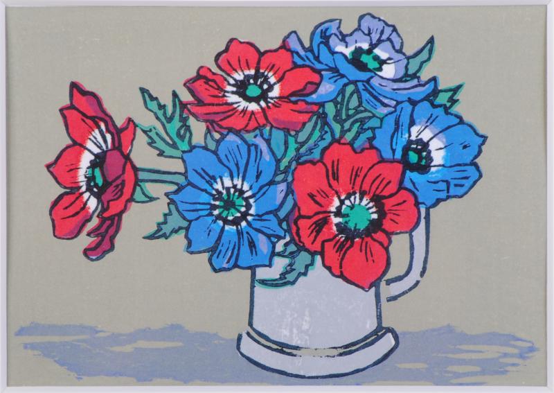 木版画で大久保坦が制作した花の絵の木版画「アネモネ」
