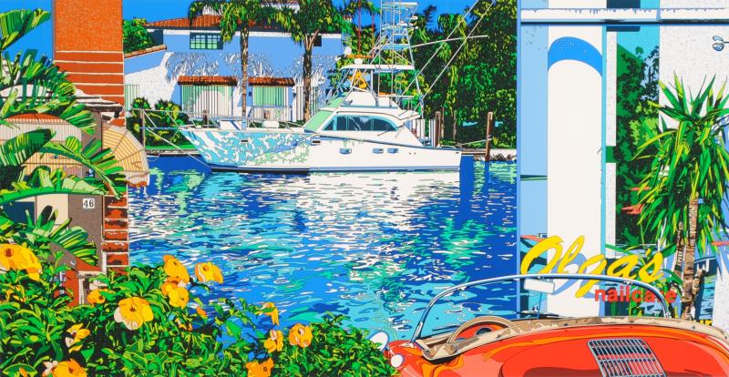 鈴木英人がシルクスクリーンの版画で制作した絵「マイアミの碧い運河