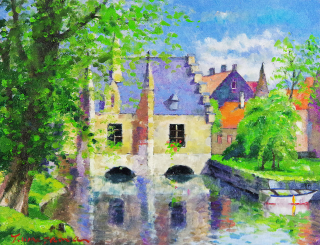 水の都”梅沢民雄「ブルージュ」油彩画・F6・額寸540×630mm”お部屋が