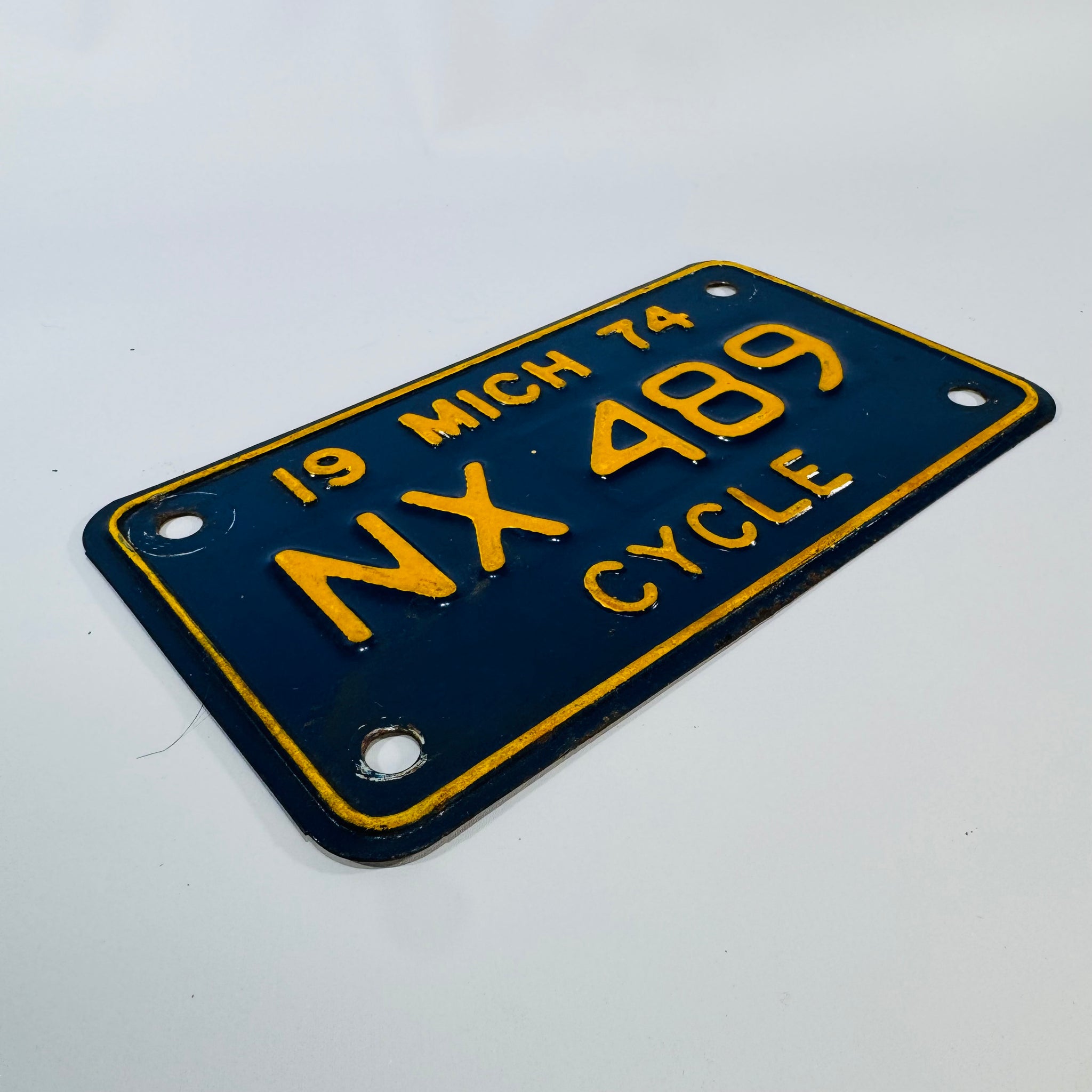 1974 Michigan Motorcycle License Plate NX489 Vintage Blue Yellow