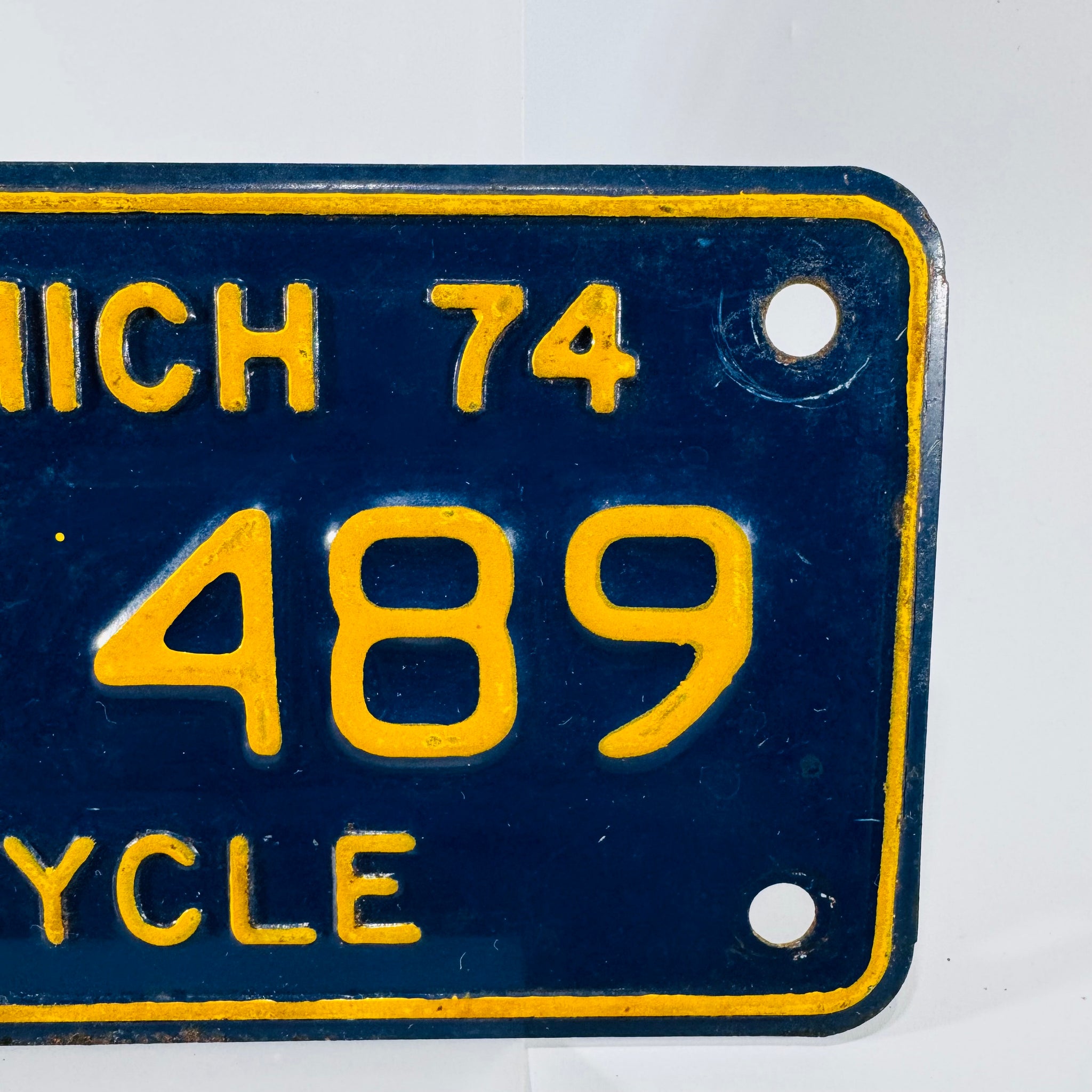 1974 Michigan Motorcycle License Plate NX489 Vintage Blue Yellow