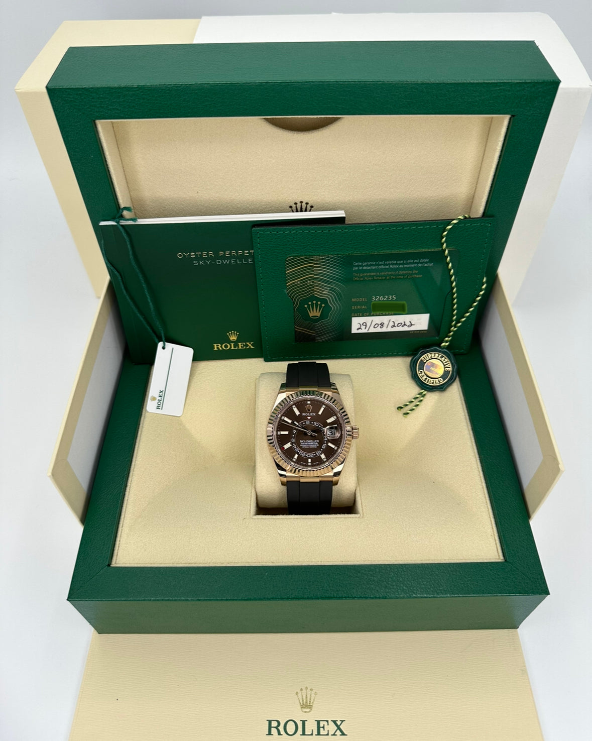 2022 Rolex Sky-Dweller 42mm 326235 Rose Gold Oysterflex Chocolate Dial