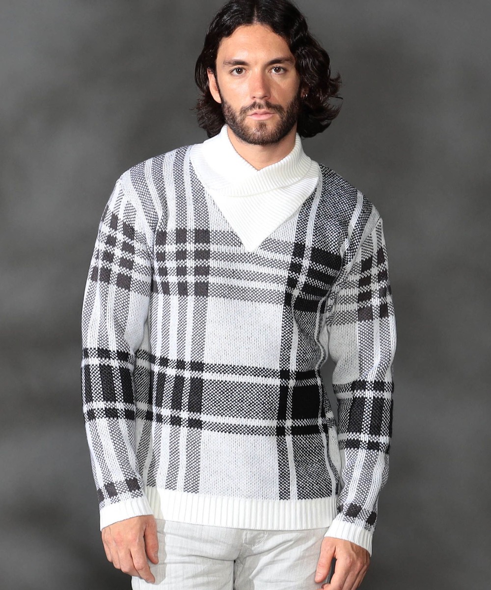 WEB限定】7GG ビッグチェックショールカラーニット｜プルオーバー