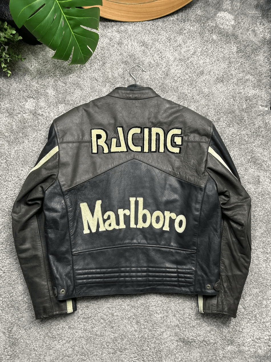 Marlboro Black Leather Jacket - Racing Moto Jacket
