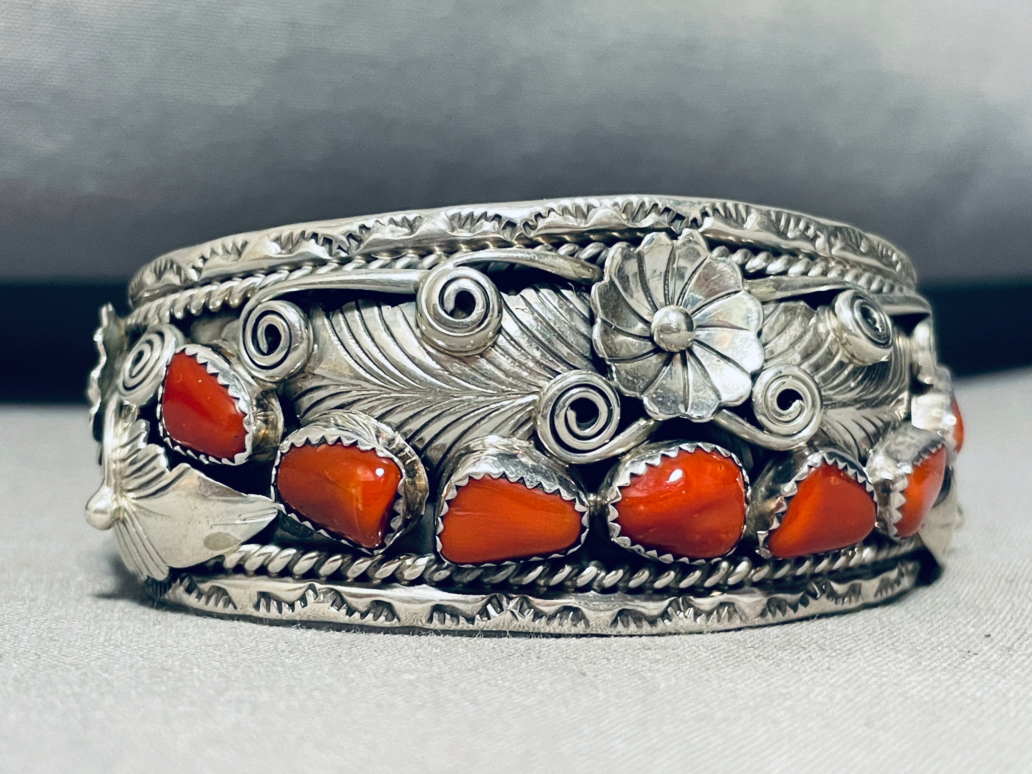 Edsitty Family Coral Chunk Vintage Native American Navajo Sterling