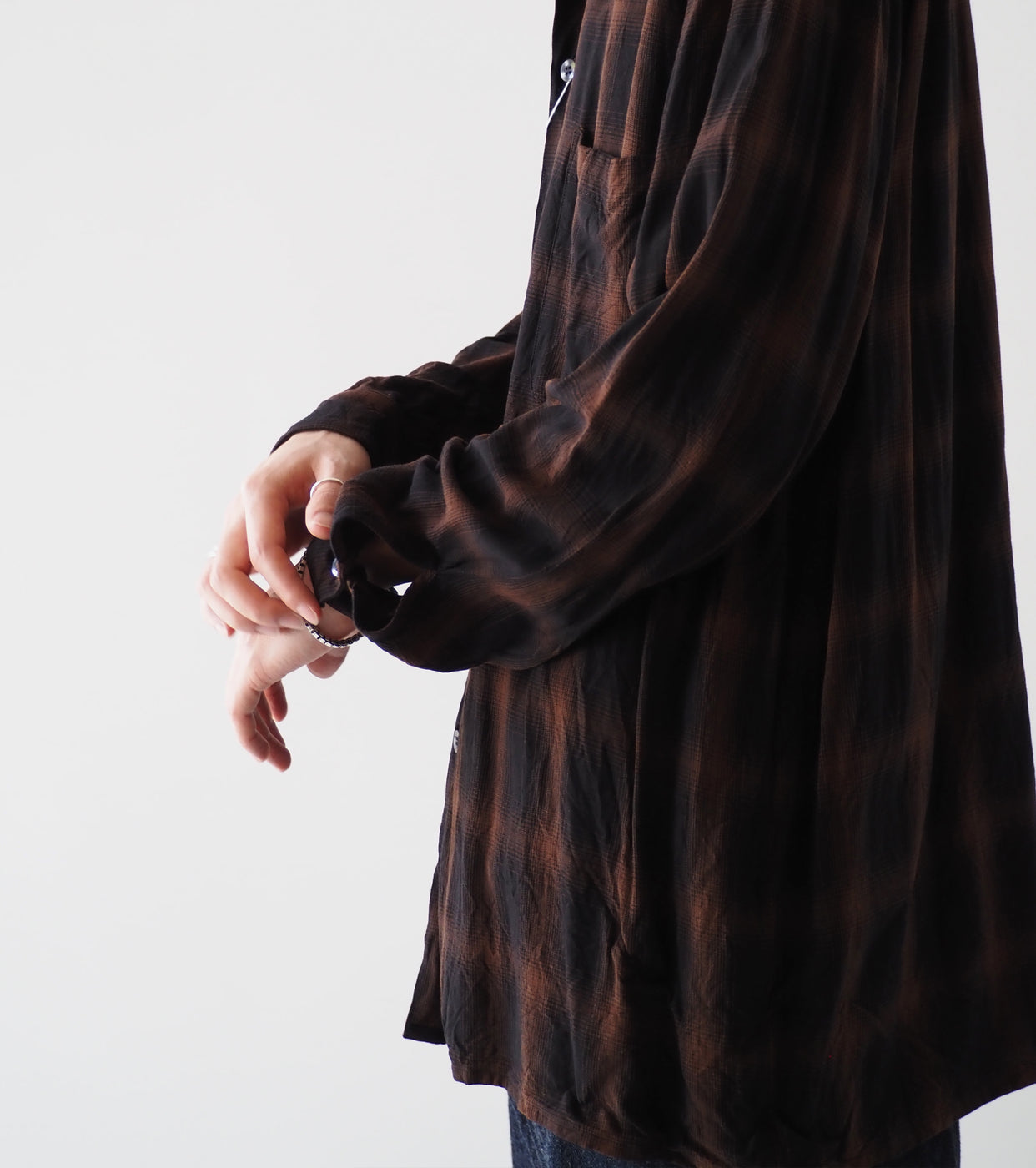 COMOLI レーヨン オープン カラーシャツ , Check – Navyblue