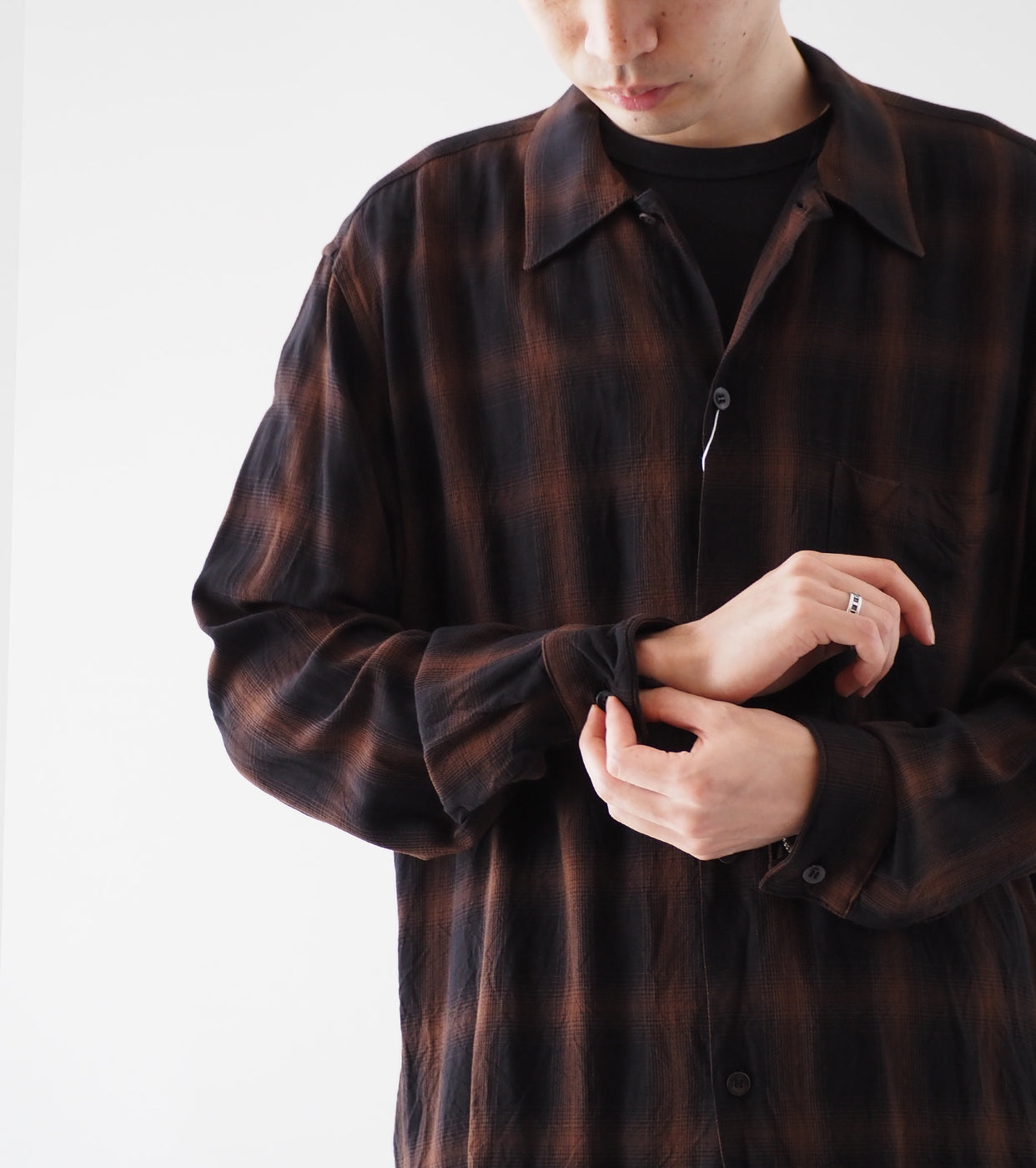 COMOLI レーヨン オープン カラーシャツ , Check – Navyblue