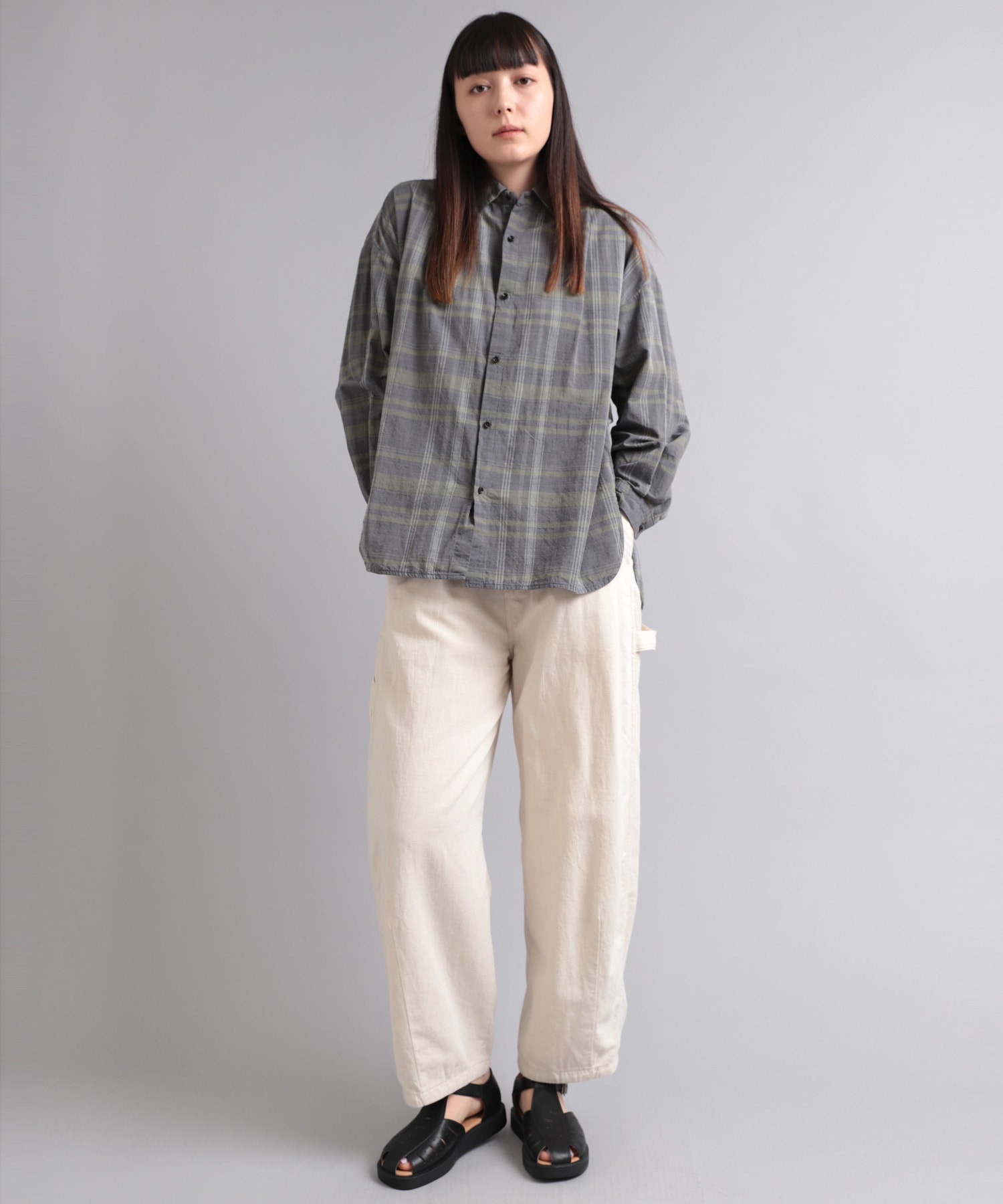 B2738 40/-ムラ糸コットンチェックシャツ(M グリーン): トップス - RNA