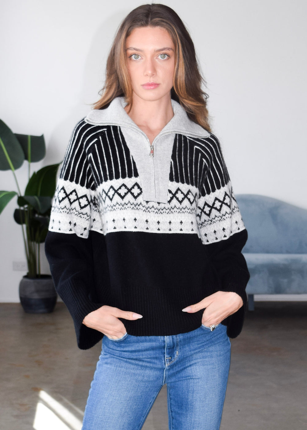 Never A Wallflower | Fair Isle Zip Neck Sweater Black