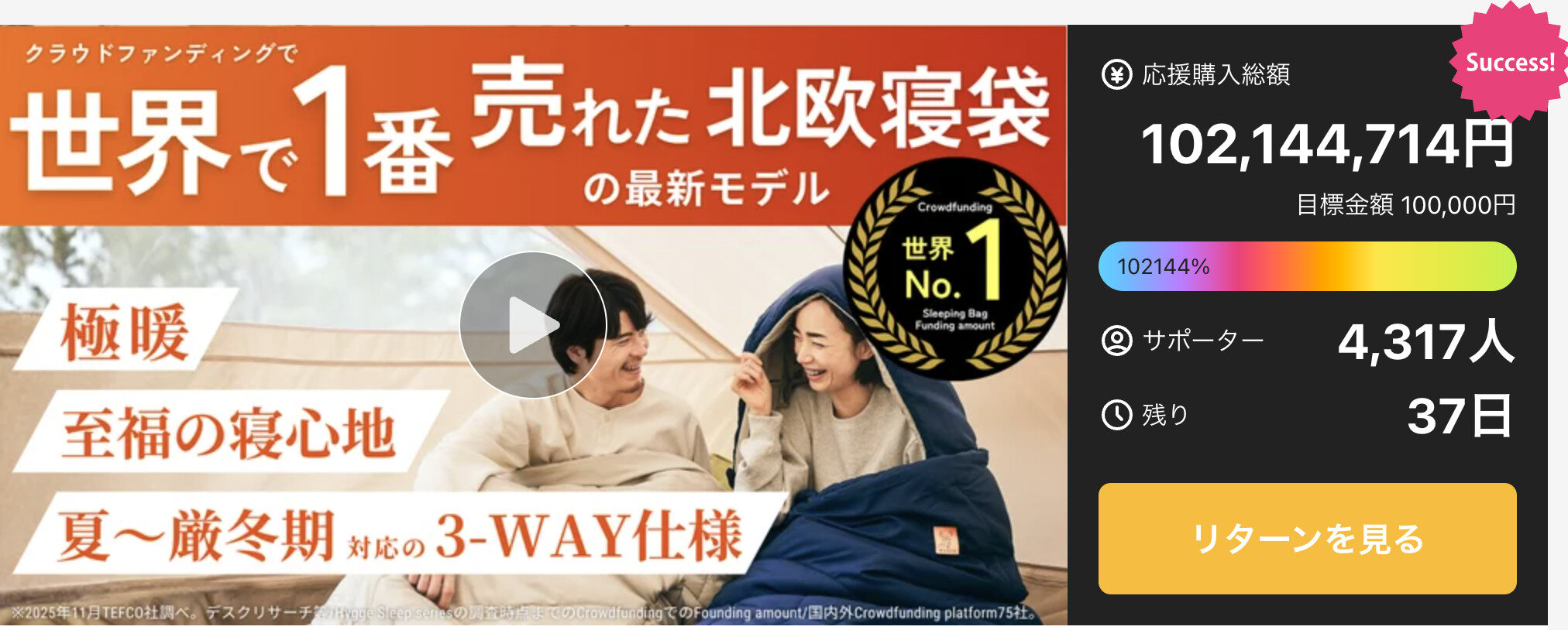 PR]クラウドファンディング開始1か月で寝袋「Nuuca Sleep Max」応援