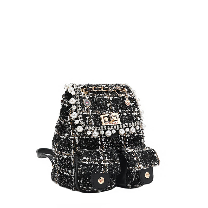 Tweed Pearl and Diamond Rhinestone Mini Flap Backpack, Chain Link