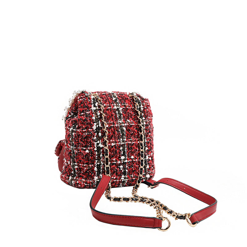 Tweed Pearl and Diamond Rhinestone Mini Flap Backpack, Chain Link