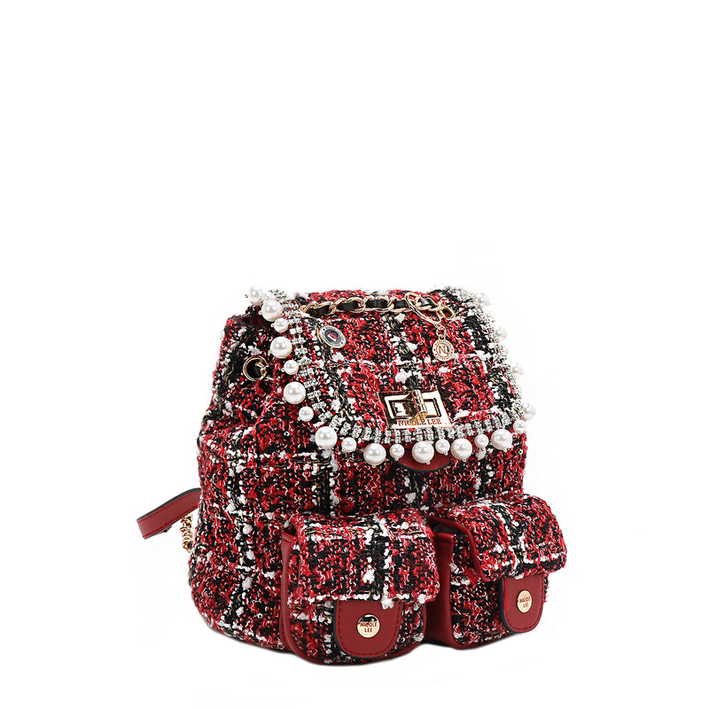 Tweed Pearl and Diamond Rhinestone Mini Flap Backpack, Chain Link