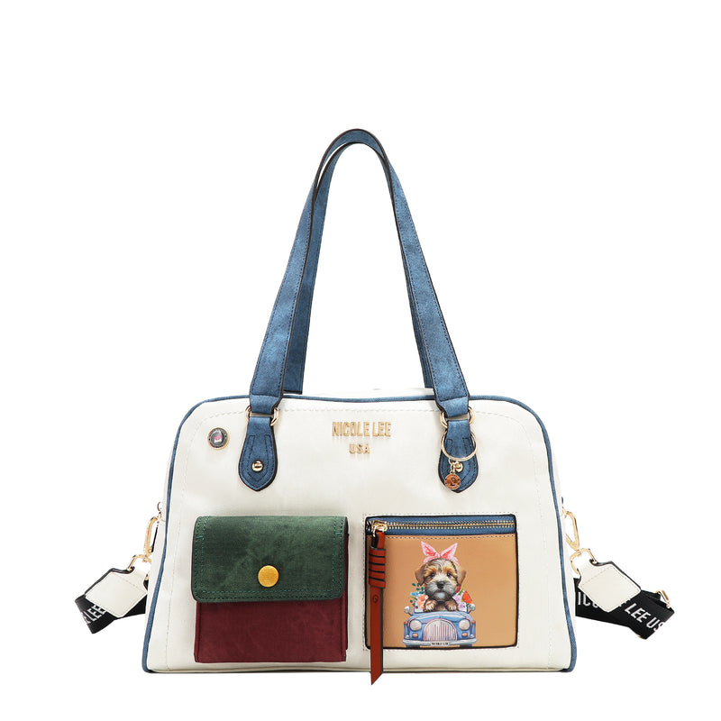 Colorblock Boston Bag with 2 Zip Compartments, Dog Print, Multiple