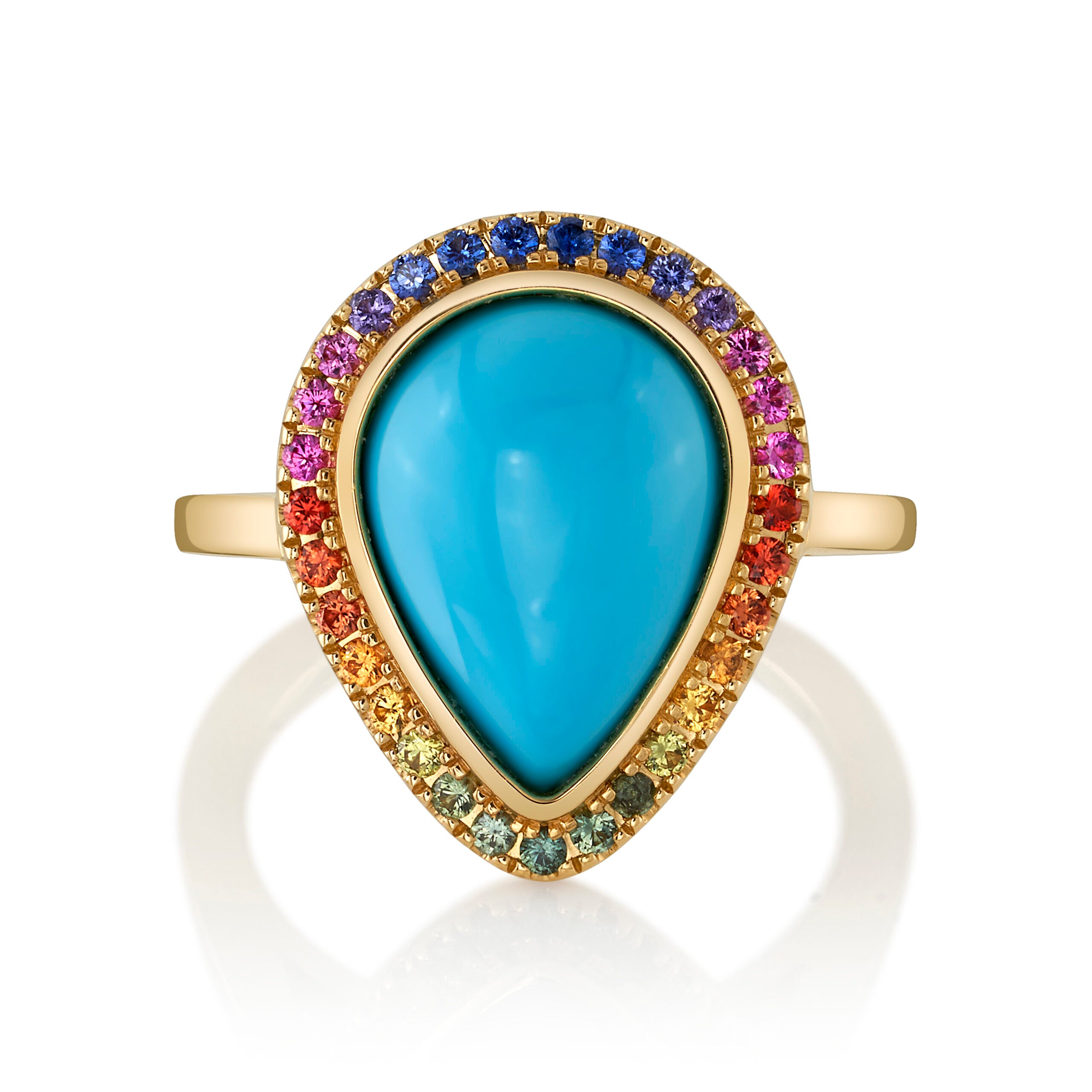 7.20ct Pear Shape Turquoise & Rainbow Sapphire Ring in 18K Yellow