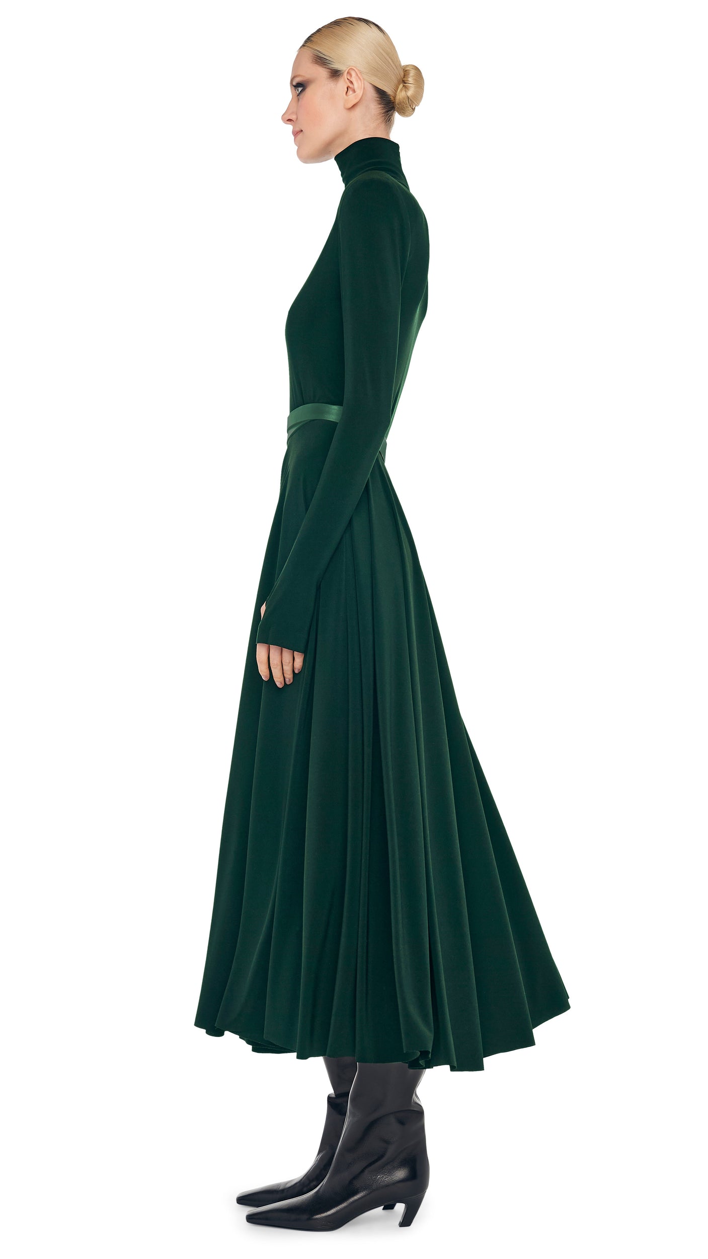 LS SHOULDER PAD TURTLE FLARED DRESS TO MIDCALF – Dark Emerald