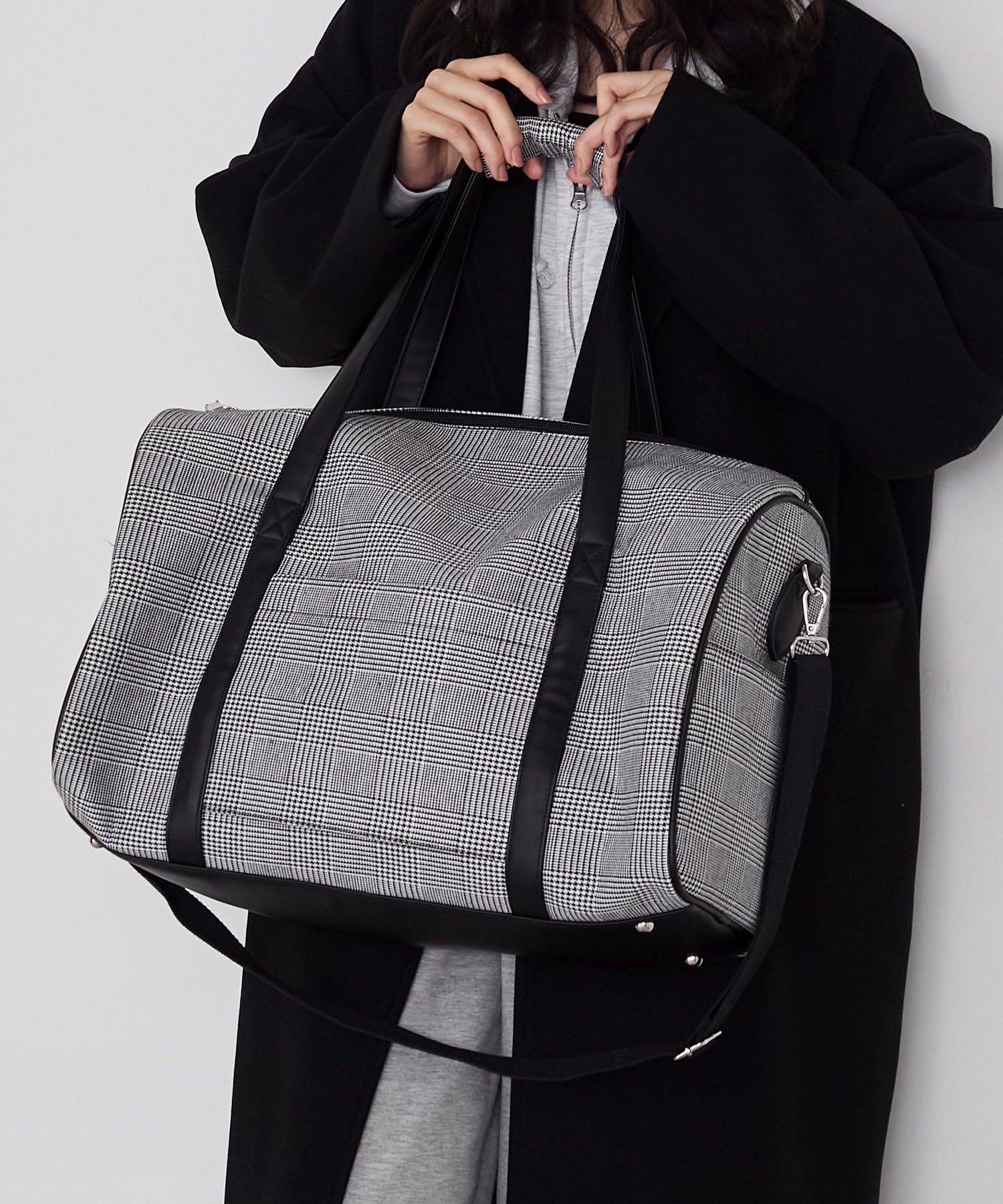 forksy.】チェック柄2wayビッグショルダートラベルボストンバッグ