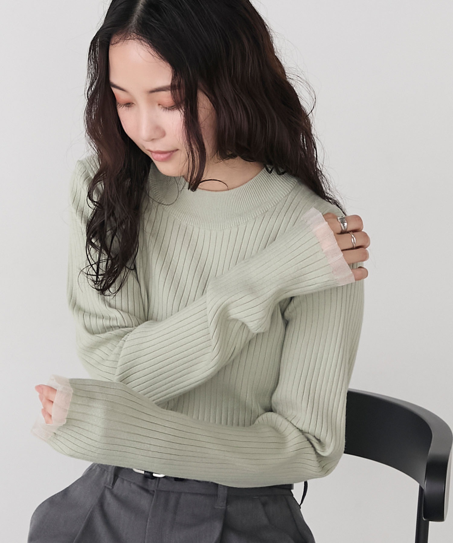 forksy.】＜エブリデイシリーズ＞シアーフリルカフスリブニットプル