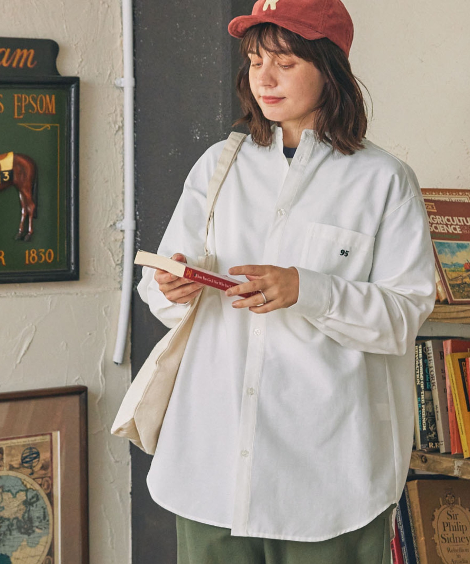 アソートナンバリング刺繍 バンドカラー ビッグシャツ MONO-MART