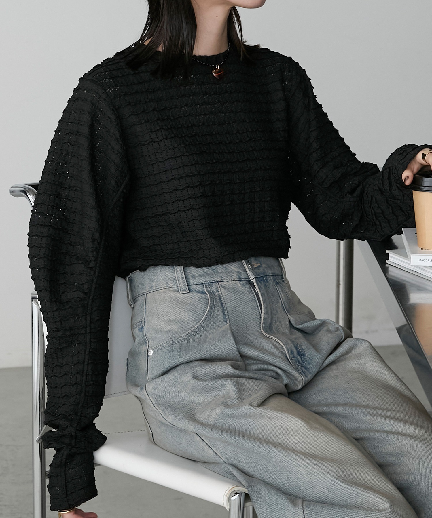 forksy.】シアージャガードパフスリーブクロップド丈トップス forksy