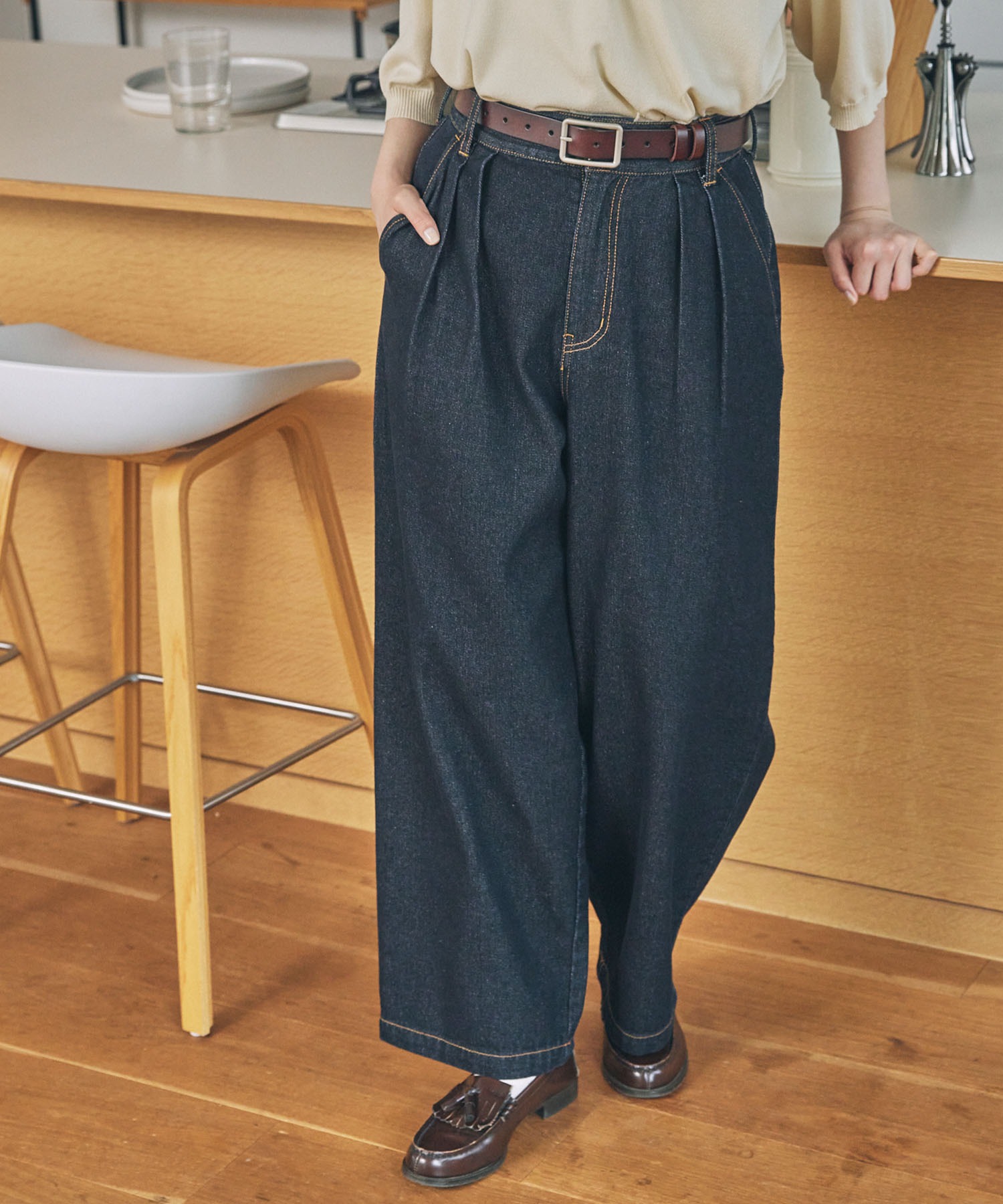ハイウエスト タック ワイド ストレート デニムパンツ MONO-MART